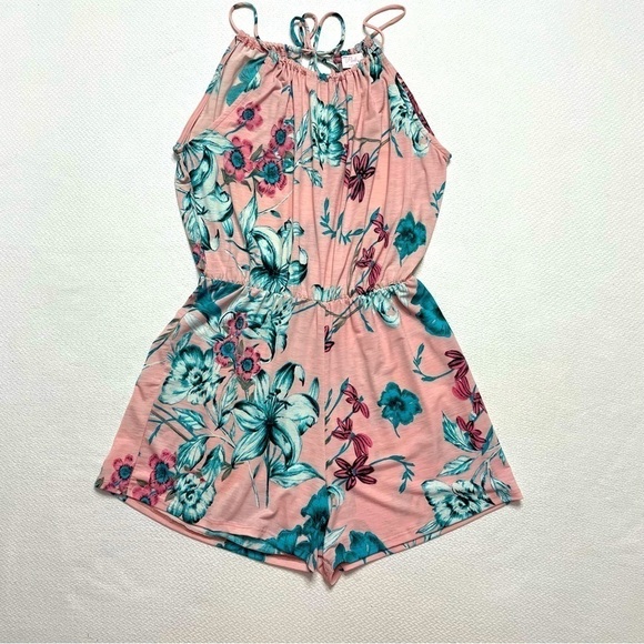 Pink Lily Pants - Pink Lily Women's Romper Spaghetti Straps Pink Blue Tropical Flowers Size M/L